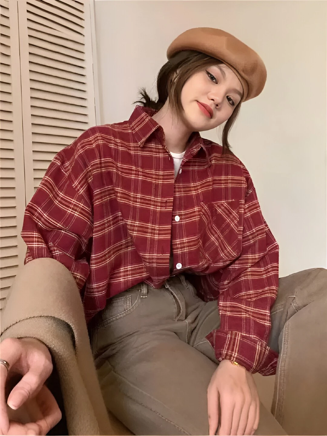 Ayollar rubashkasi katak ko'ylak tugmali rasm 2